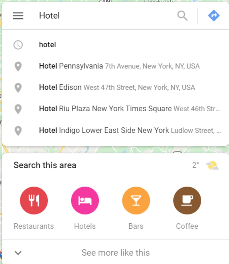 Lista de hotéis do Google Maps
