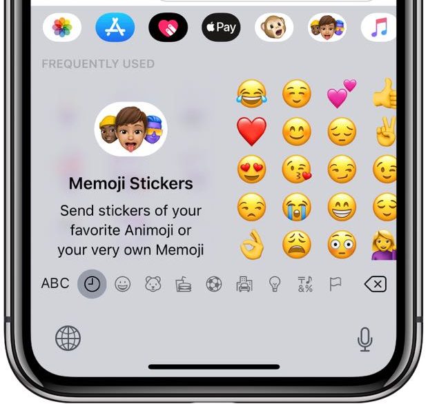 Teclado emoji do iPhone com a seção Adesivos Memoji exibida