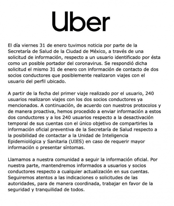 Uber desativa 240 contas no México por suspeita de infeção do Coronavírus 2