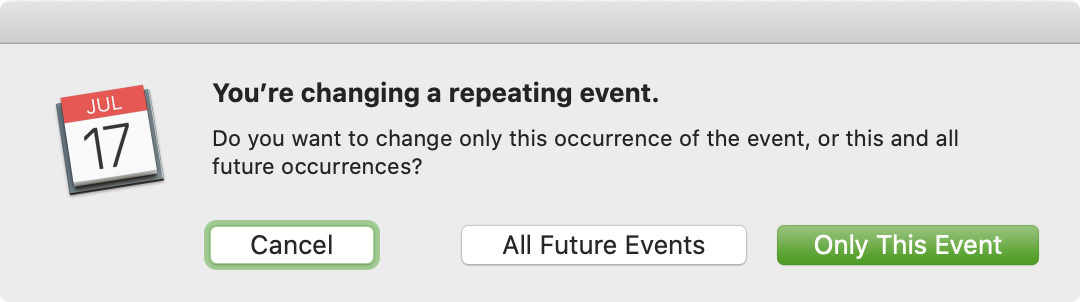 Evento de repetição de alteração do calendário do Mac
