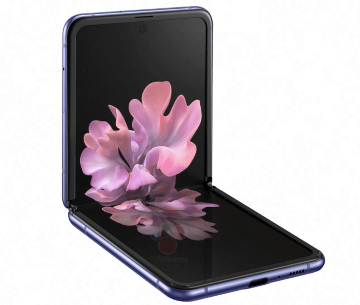 Imagem oficial da Samsung Galaxy O Z Flip mostra um telefone dobrável com marcas cheias